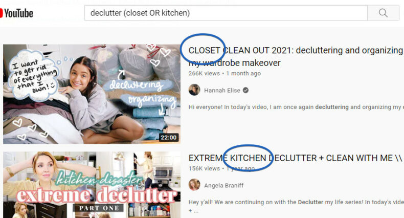 Using the parentheses YouTube search operator to find videos about decluttering the closet or kitchen, but not both, and not any other type of room.