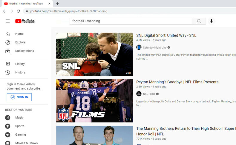 Using the plus sign YouTube search operator to find videos about football+manning.