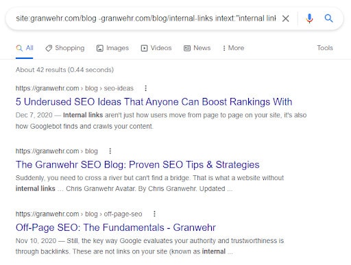 A SERP showing how to find internal linking opportunities with Google search operators.