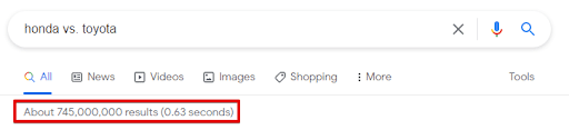 A Google search for "honda vs. toyota" without Google search operators.