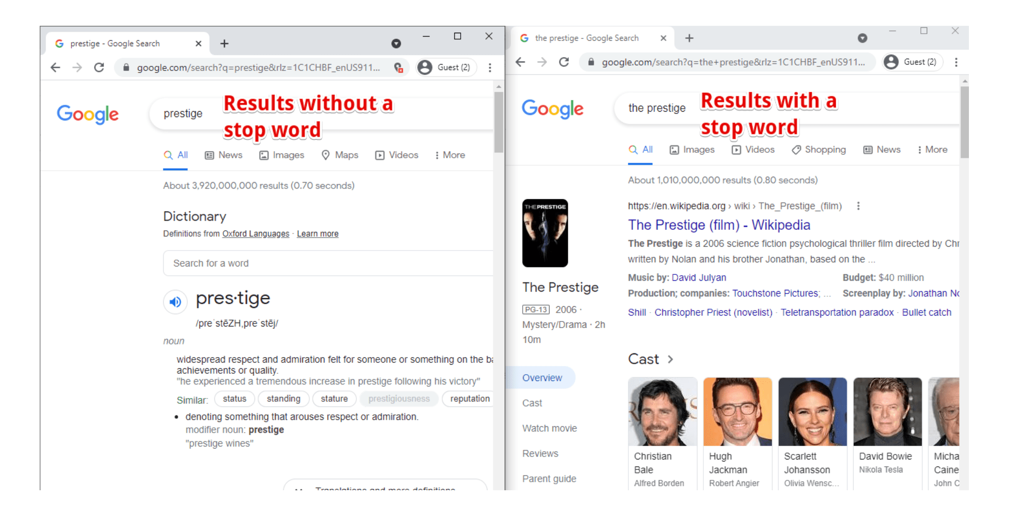 A comparison of a search done with an SEO stop word and without an SEO stop word.