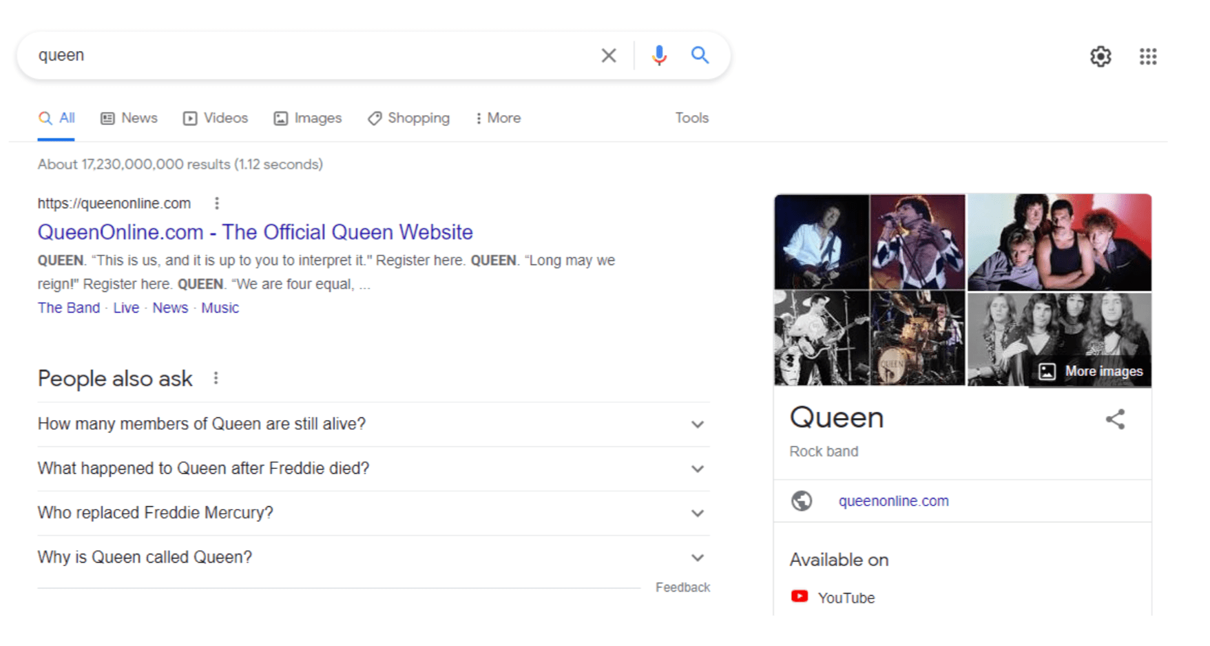 A SERP showing results for the band "Queen."