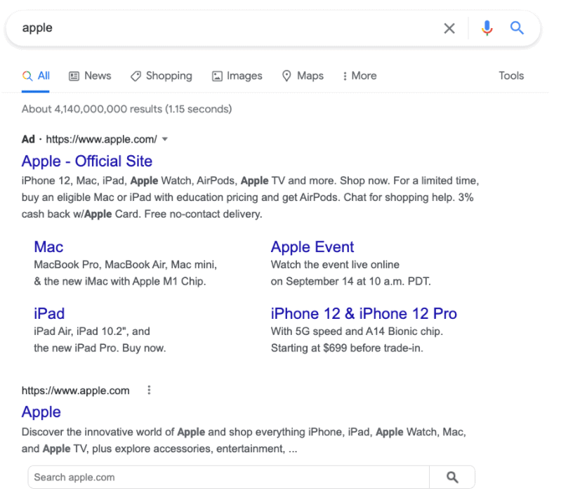 Search results for "Apple" showing the brand at the top of the SERP.