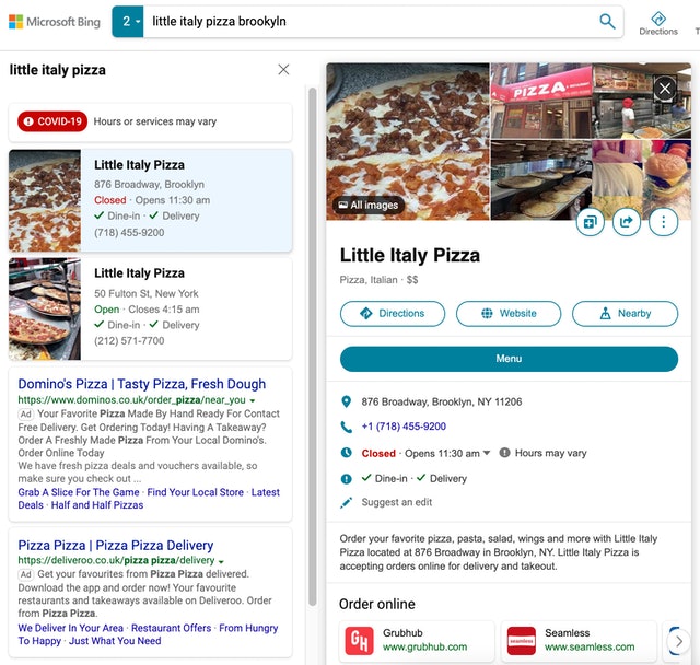 A business page in Bing for Little Italy Pizza.