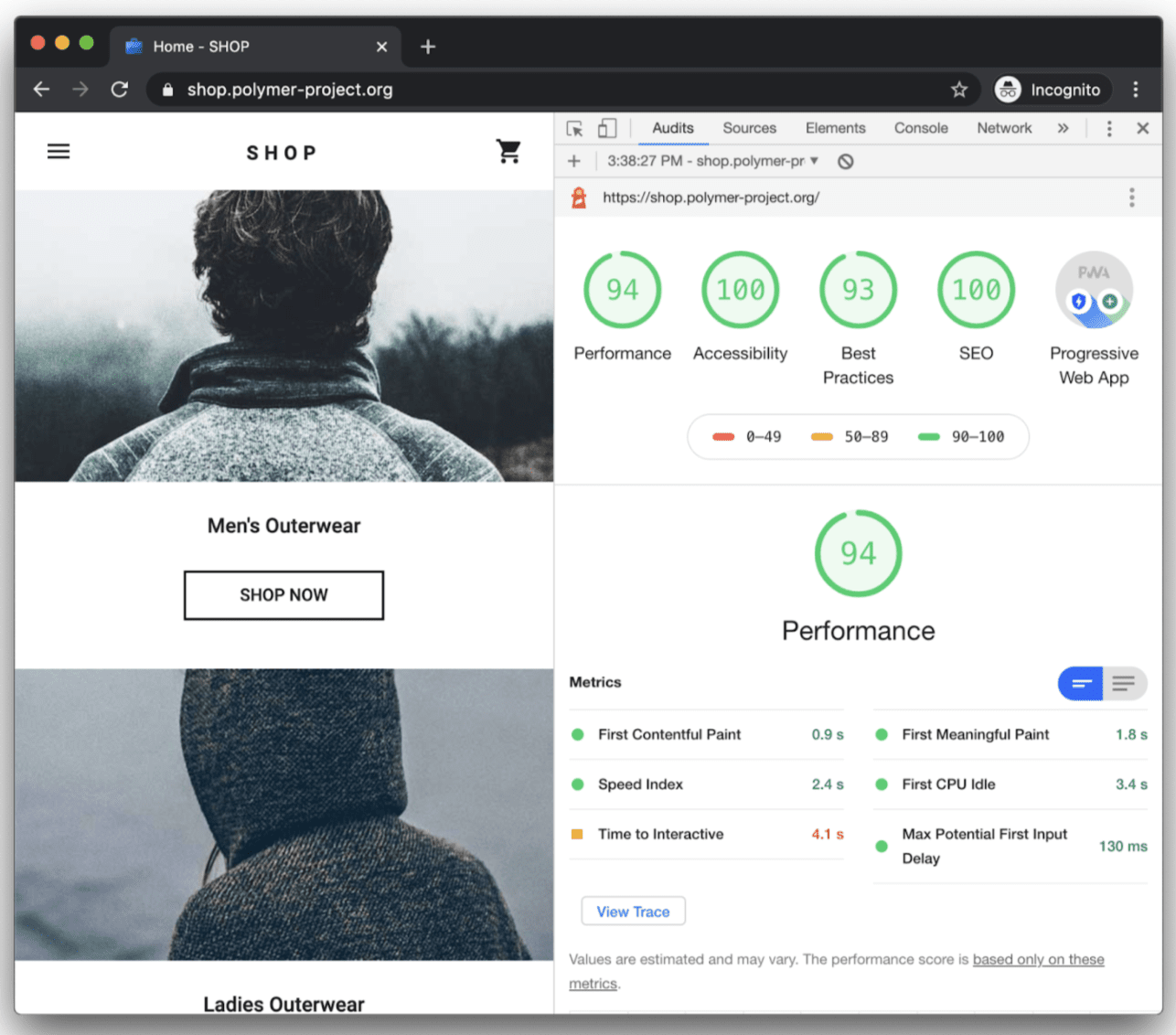 The PageSpeed Insights API showing the performance of polymer-project.com.