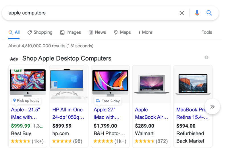 A SERP for the search "Apple computers."