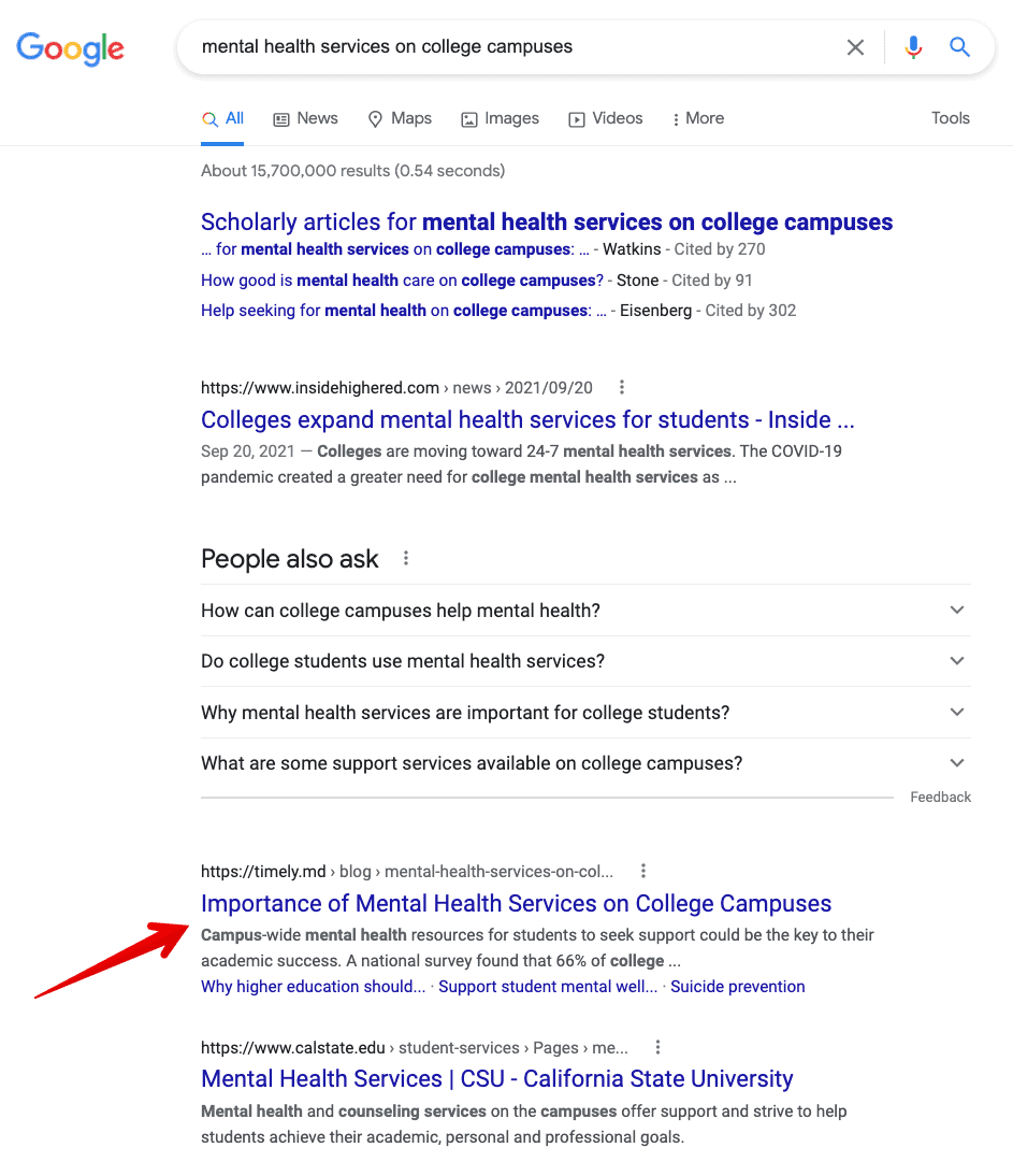 timelymd mental health services on college campuses google search ranking